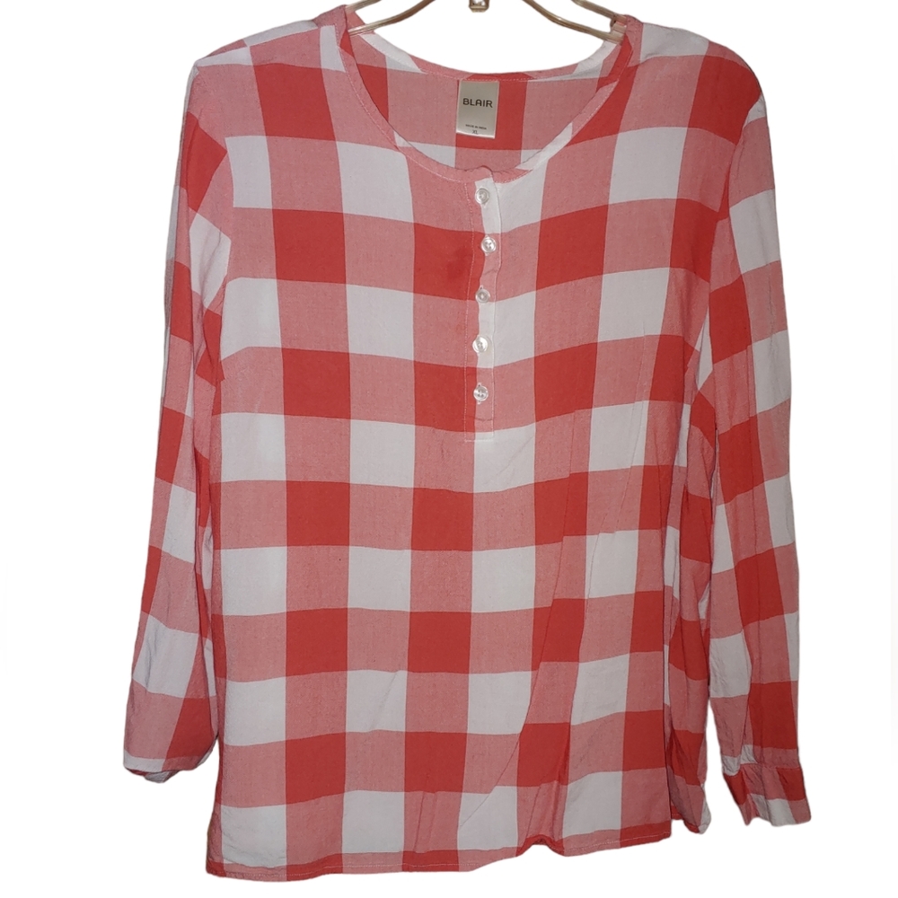 Blair, XL Coral & White Buffalo Plaid Blouse